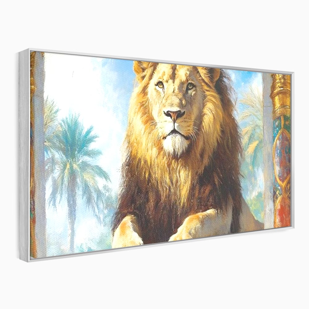 Tablou canvas cu tablou canvas cu leu intre coloane, in rama de aluminiu argintiu